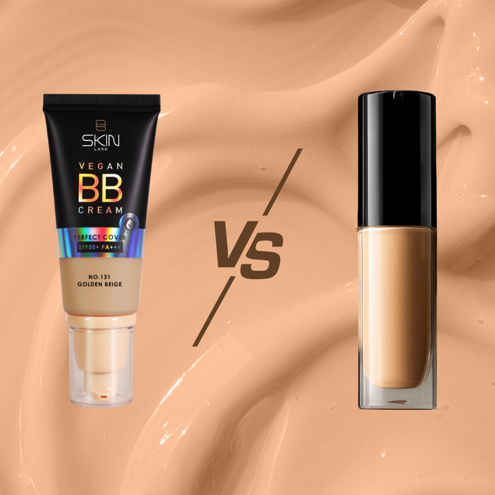 Skin Load Vegan BB Cream SPF50+ tube next to a foundation bottle on a beige cream background – BB cream vs foundation