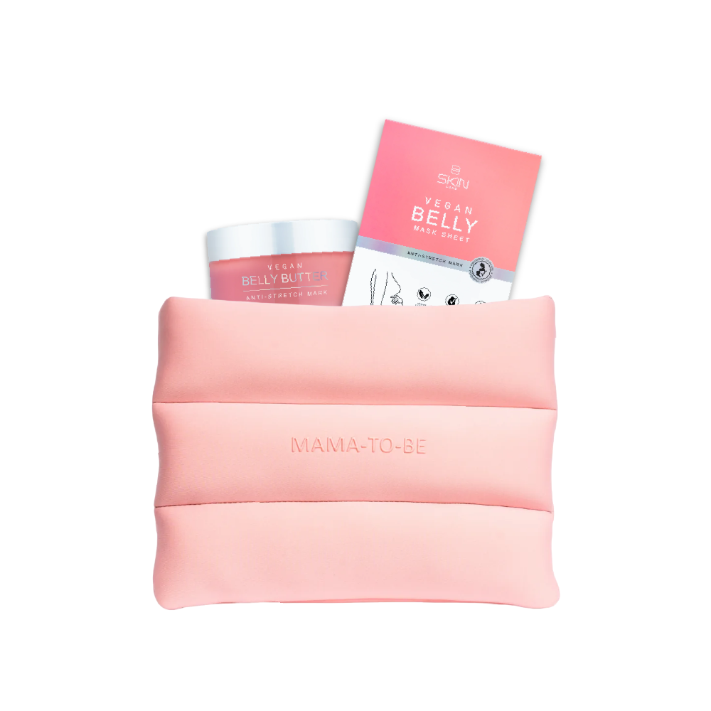 A beauty gift set featuring a small jar of pink body butter, a package of belly slimming sheets, and a pink gift pouch tied with a gold ribbon, all on a plain white background.