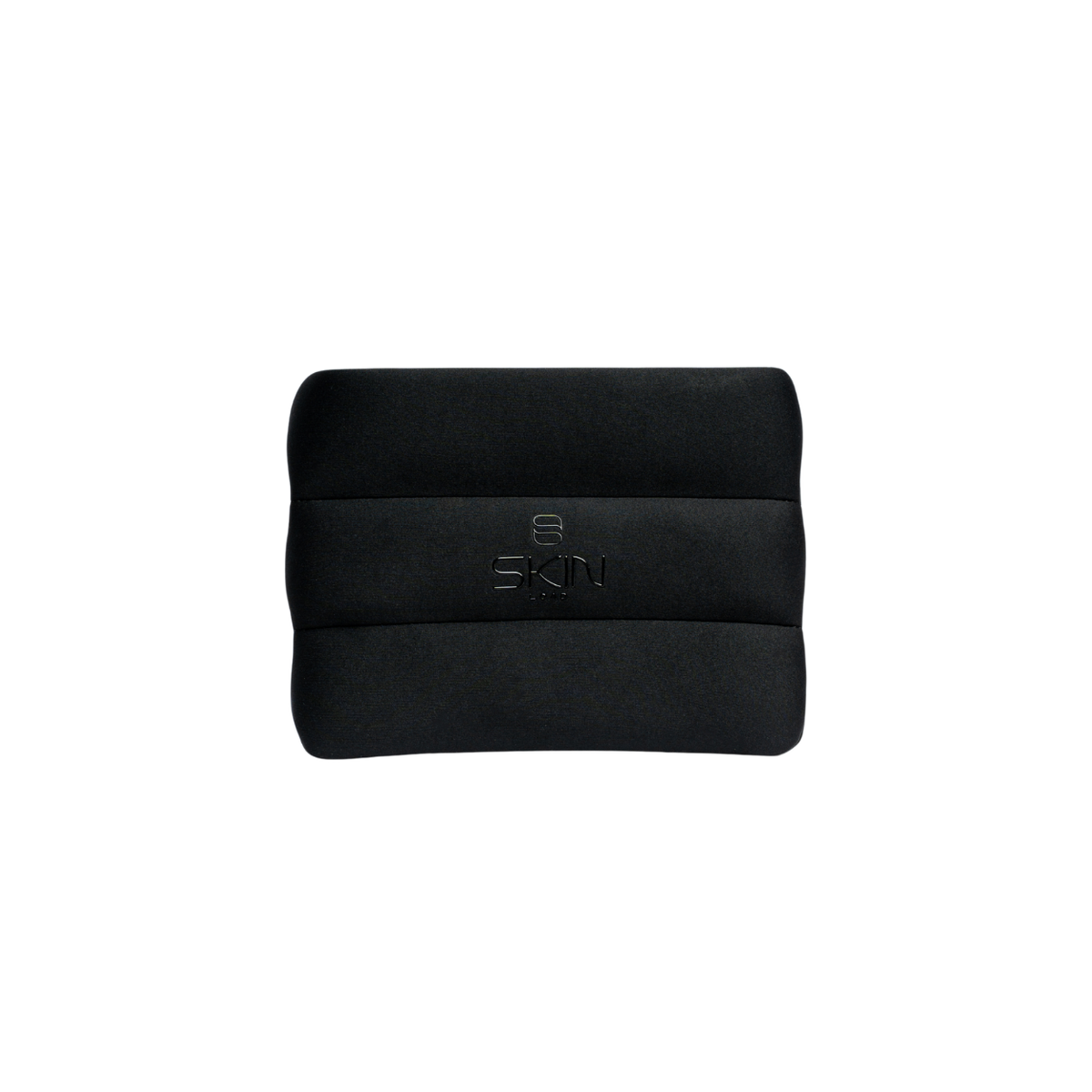 Skin Load Makeup Pouch in black padded neoprene, front view with embossed Skin Load logo